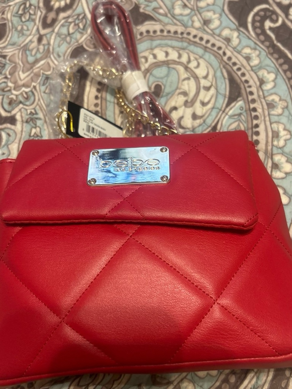 bebe Quilted Red Shoulder Bag with Gold Plate